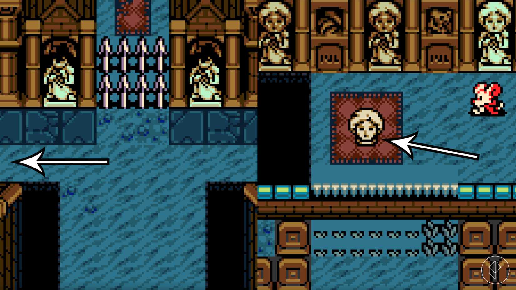 Arrows point to a statue head location in the Queensbury Crypt in Mina the Hollower.