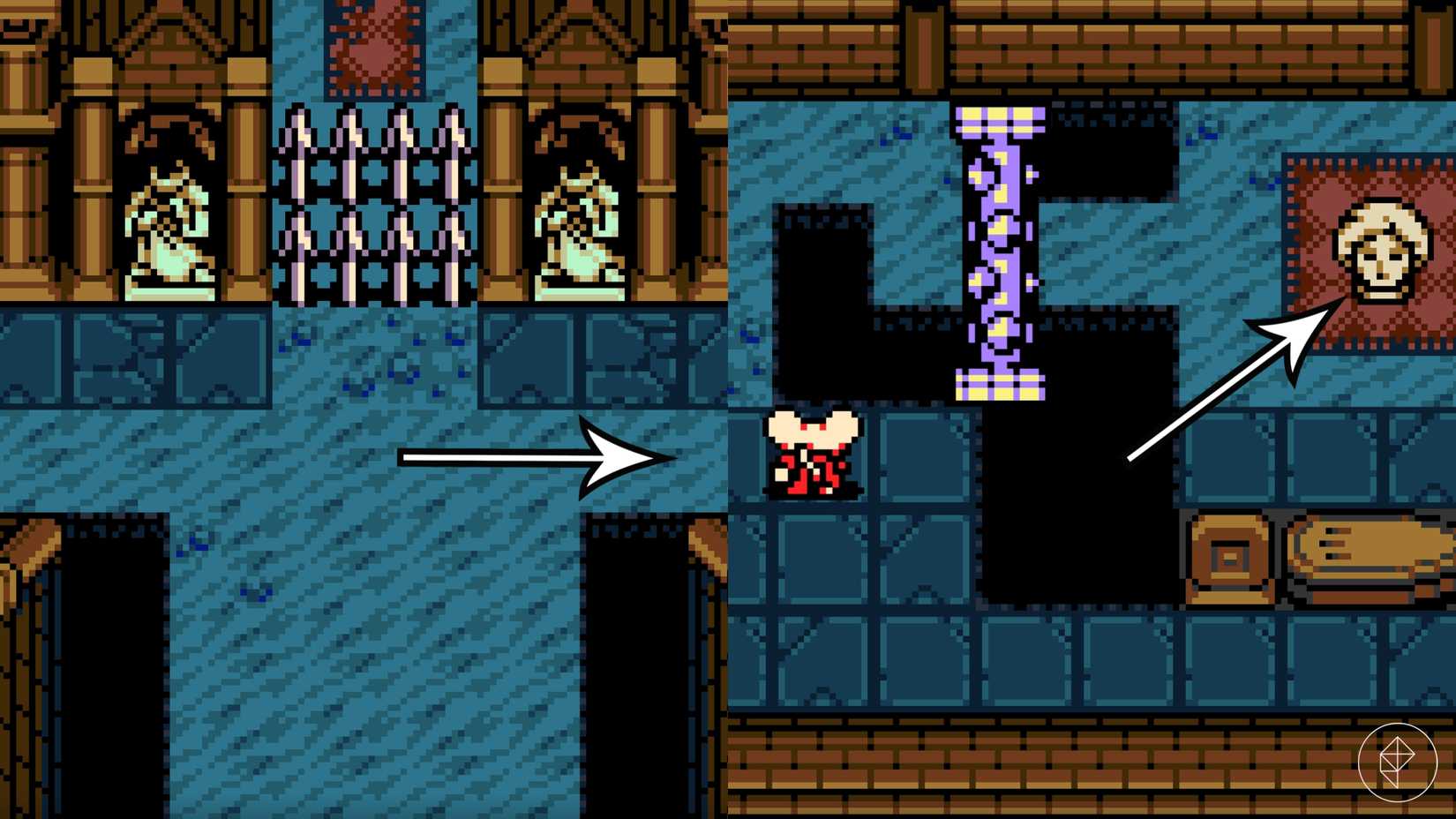 Arrows point to a statue head location in the Queensbury Crypt in Mina the Hollower.
