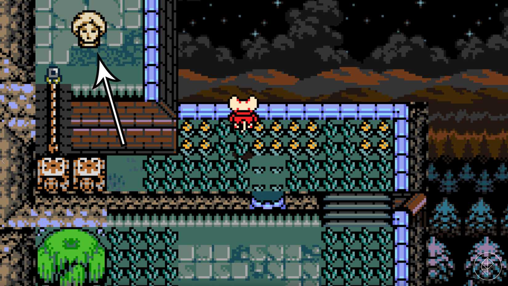 An arrow points to a statue head location on Mourner's Mile in Mina the Hollower.