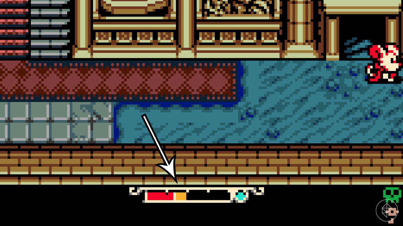 Una flecha apunta al plasma en la barra de HP en Mina the Hollower.
