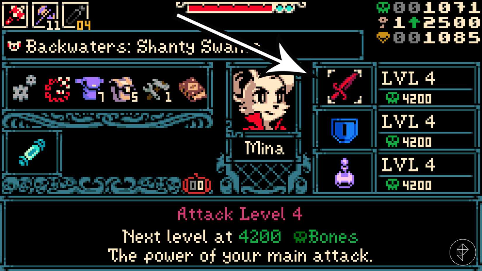 An arrow points to Mina's stats in Mina the Hollower.
