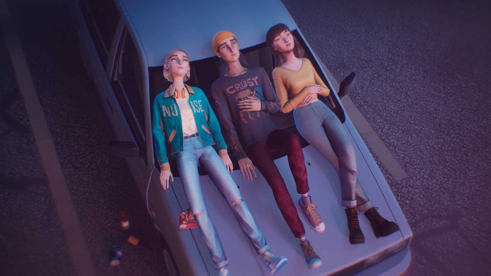 Three teens lying on the hood of a car
