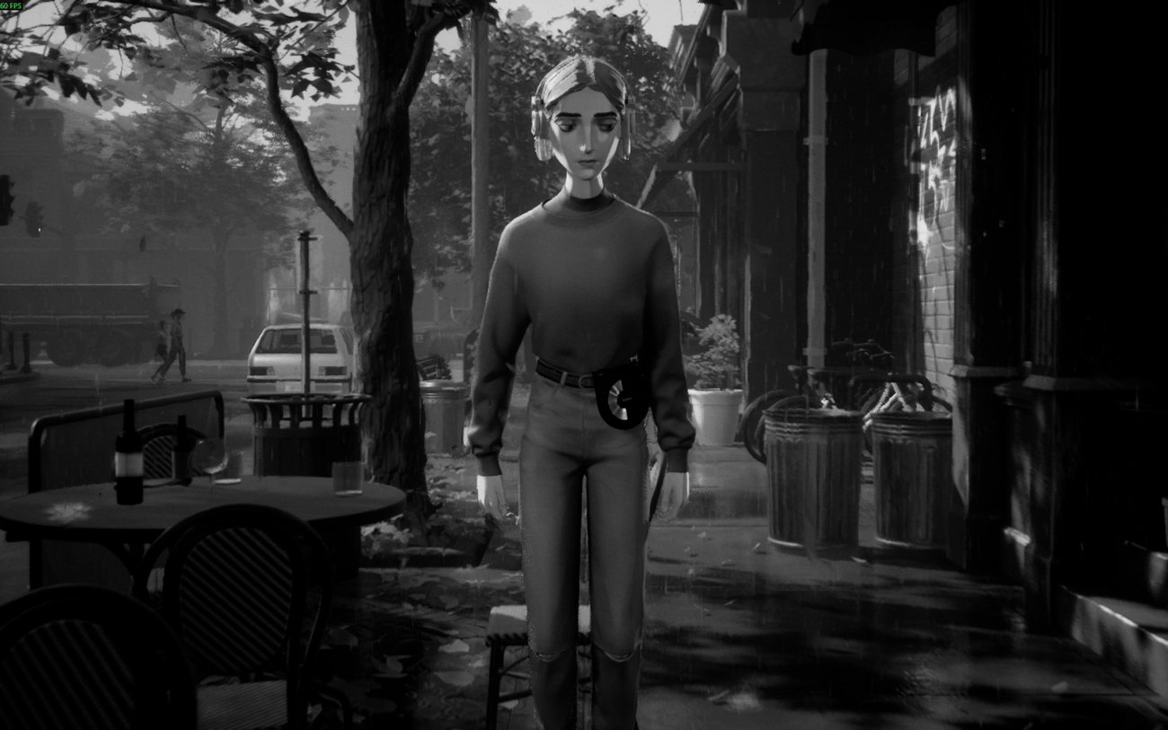 Stacy floats down a black and white street in Mixtape.