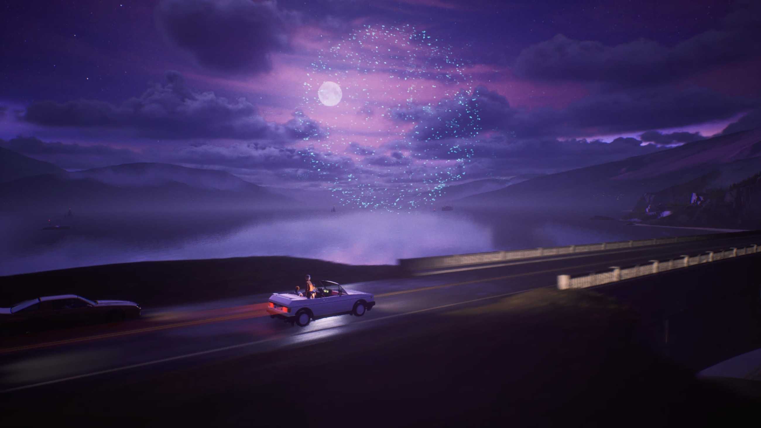 A car drives on a bridge near a firework in Mixtape.