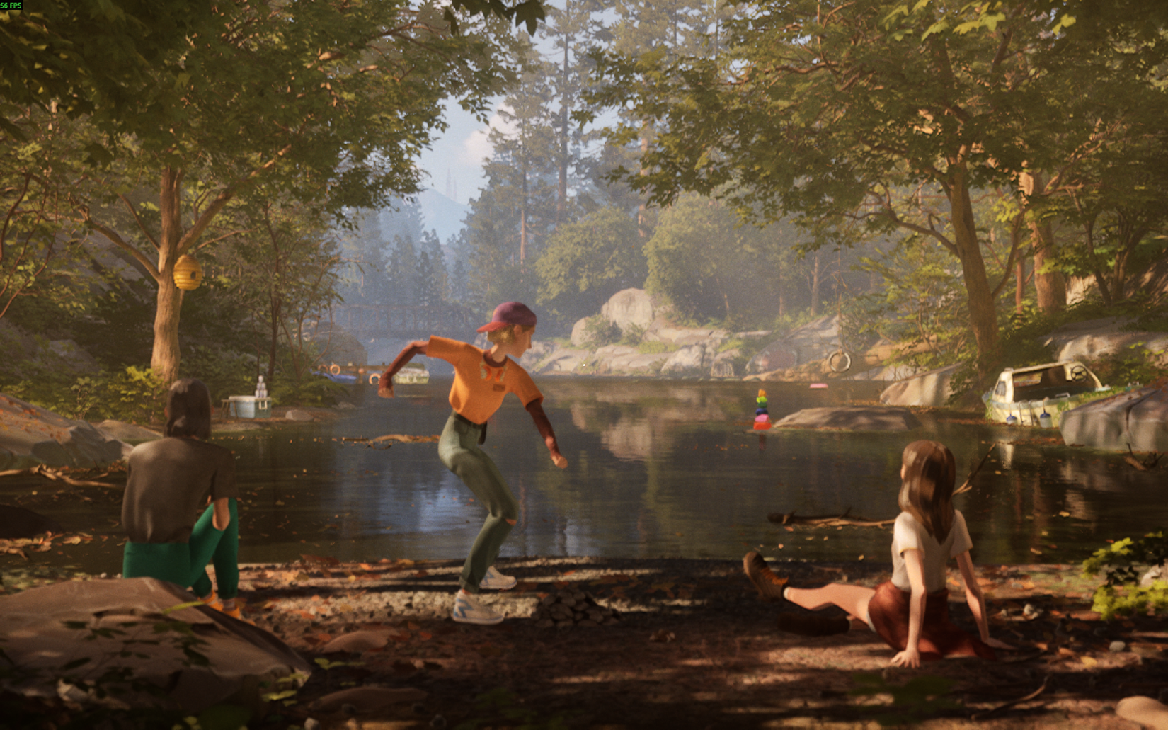 Stacey skips stones on a pond in Mixtape.