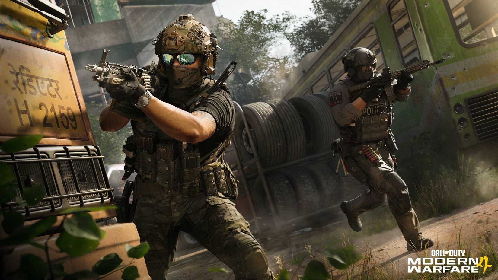 Two soldiers in Modern Warfare 4, one firing around cover and the other running while aiming.