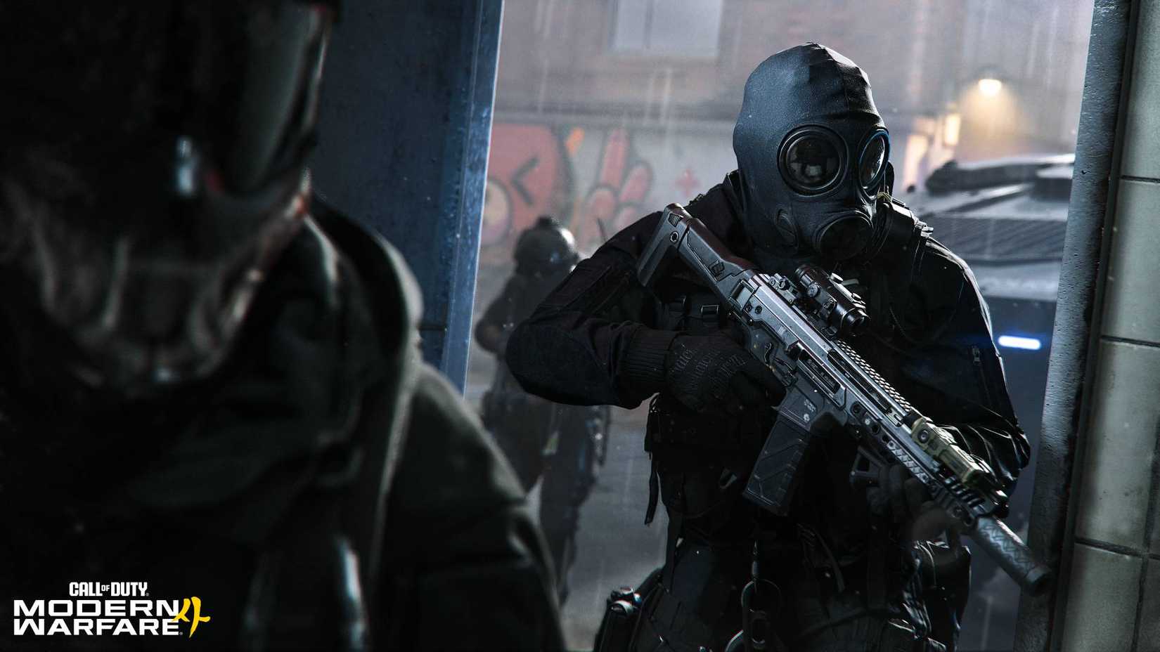 A soldier in Modern Warfare 4 entering a doorway with a gas mask on.