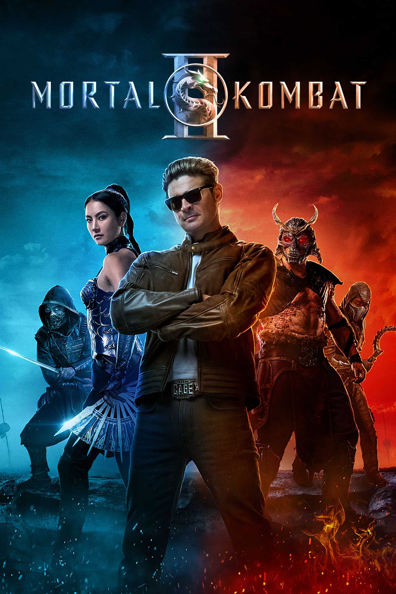 Mortal Kombat 2 home release artwork featuring Scorpion, Kitana, Johnny Cage, Shao Kahn, and Bi-Han