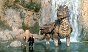 An image from Dragonheart 1996. It shows a woman and a man standing ankle deep in water. Next to them is a large dragon.