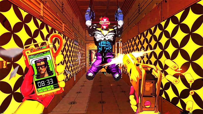 A dayglo colored warrior leaps toward a blazing gun