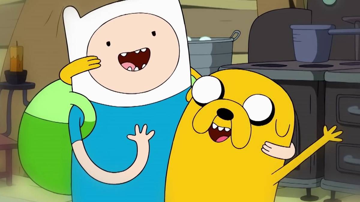 Finn and Jake from Adventure Time sharing a hug