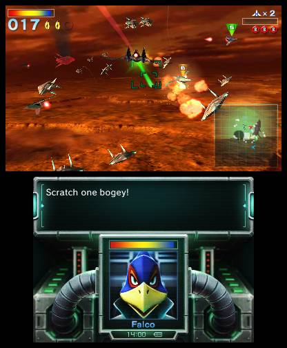 Falco warns Fox to dodge lasers in Star Fox 64 3D
