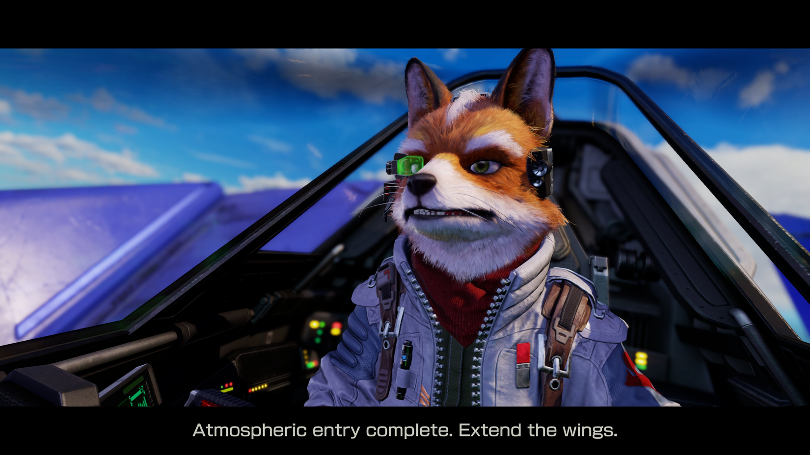 Fox McCloud sits in his Arwing saying "Atmospheric entry complete. Extend the wings."