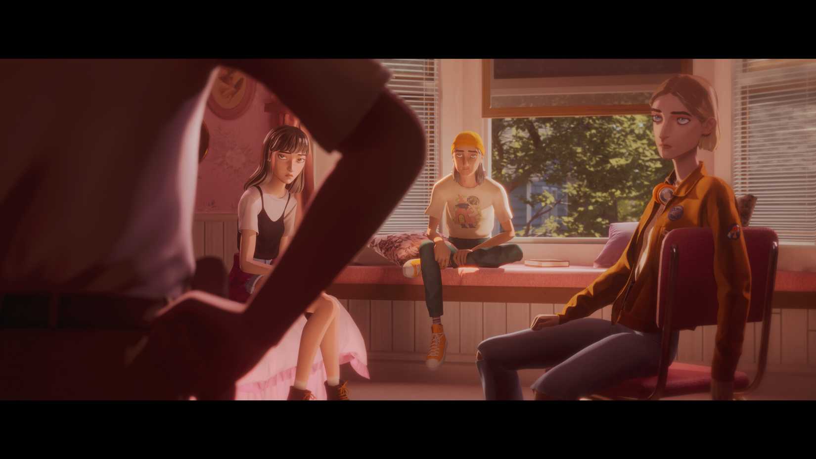 Stacey and her friends sit in a bedroom in Mixtape.