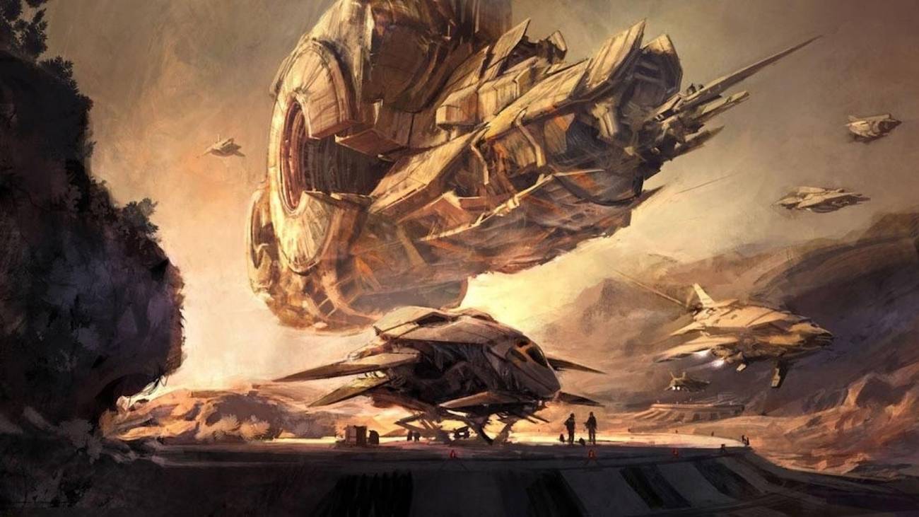 A piece of concept art from Titan featuring three large spaceships on a desert planet