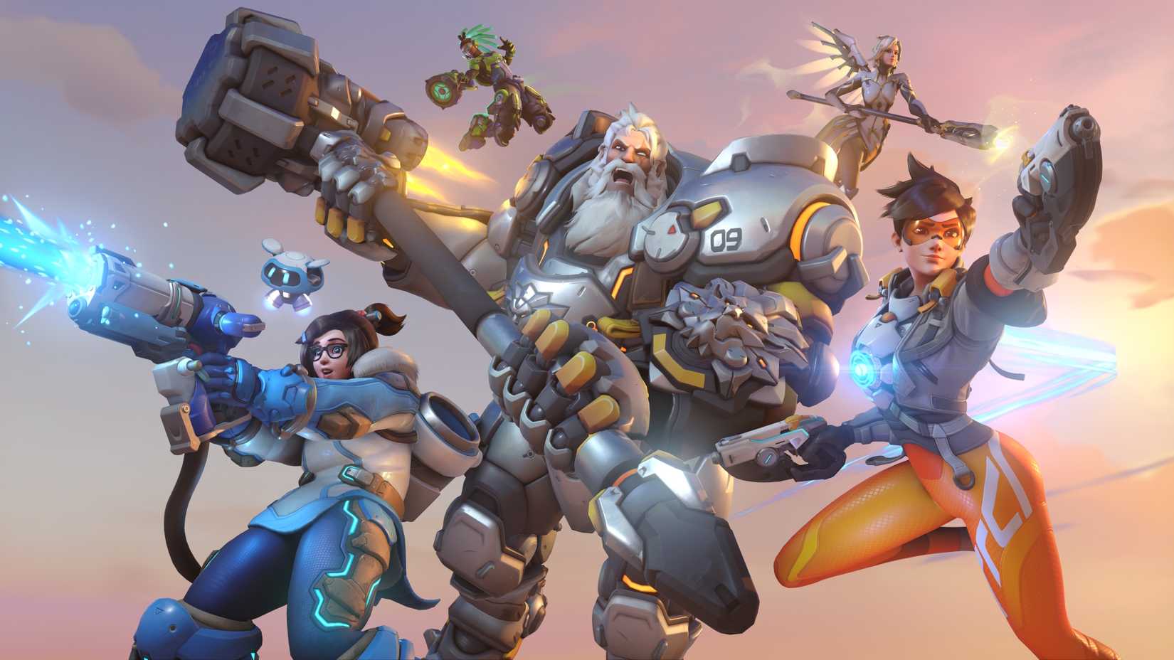 Mei, Lucio, Mercy, Reinhardt và Tracer trong ảnh quảng bá Overwatch 2
