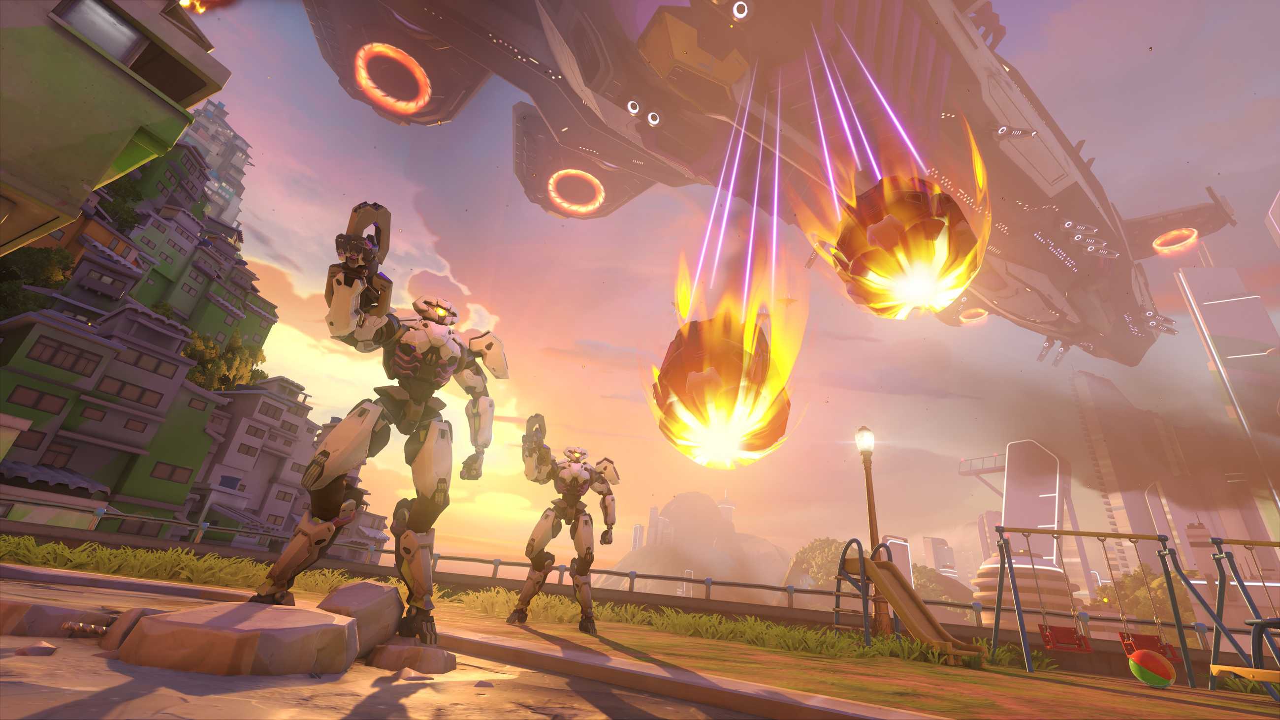 A promo image from Overwatch's PvE missions, showing two Null Sector robots under a ship that's dropping fireballs