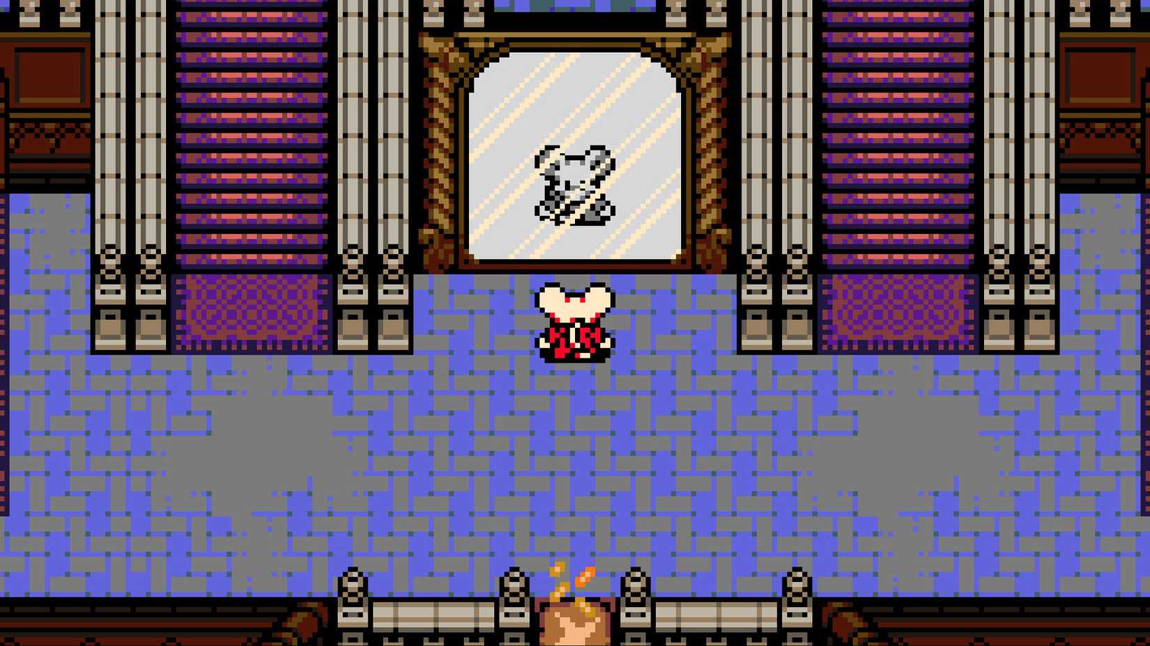 Mina the Hollower standing in front of the mirror in the Radiant Manor foyer.
