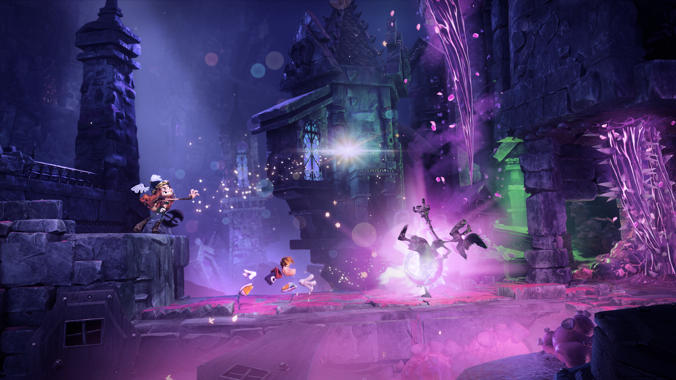 Rayman y Barbara luchan contra enemigos en Rayman Legends Retold.