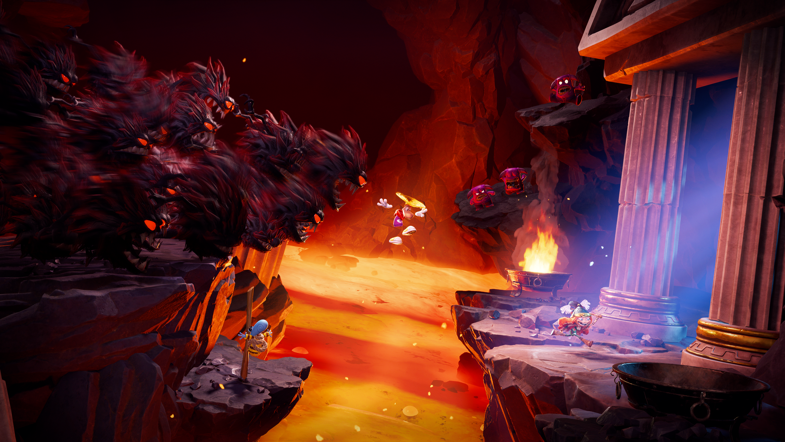 Rayman salta por encima de un pozo de fuego en Rayman Legends Retold.