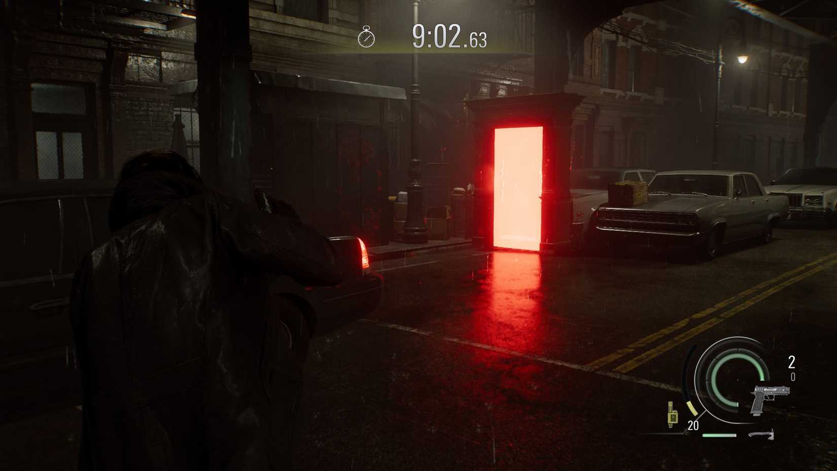 A Resident Evil Requiem"Leon must die forever" DLC screenshot showing the main street level and a red door