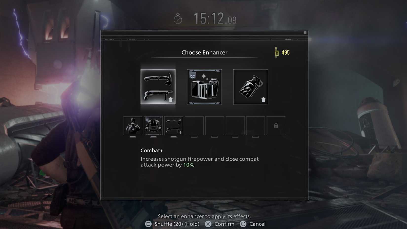 A Resident Evil Requiem "Leon must die forever" DLC screenshot showing some enhancers
