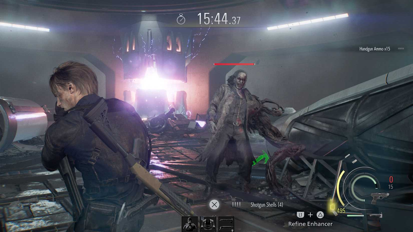 A Resident Evil Requiem "Leon must die forever" DLC screenshot showing the Victor boss fight