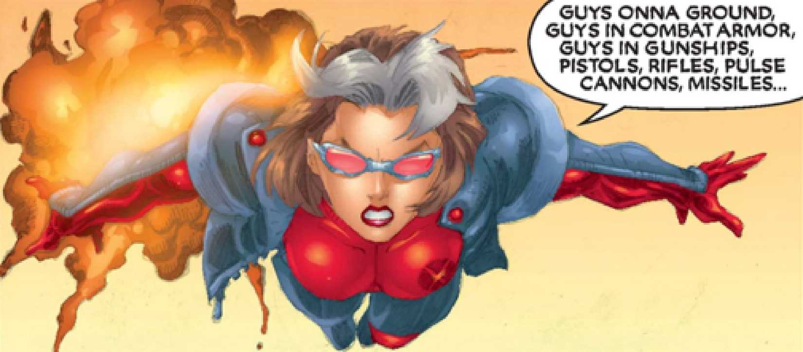 X-Treme X-Men 1 - Rogue flies through the air, listing weapons of destruction that her enemies possess