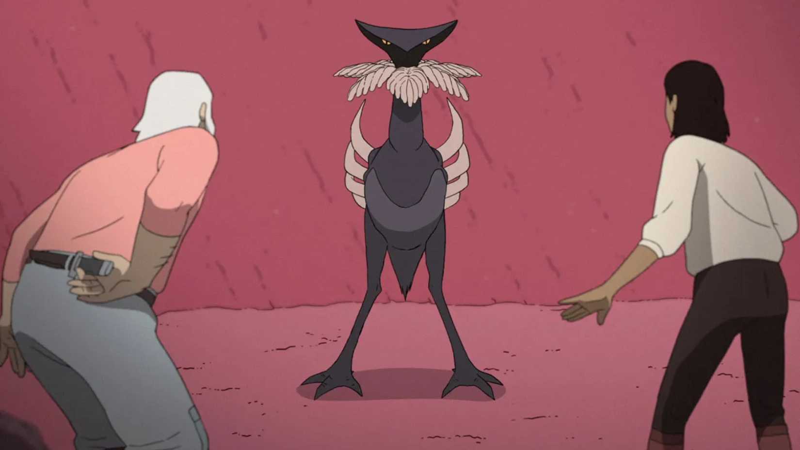 Still from Scavengers Reign of the beaked creatures in front of Sam and Ursula 