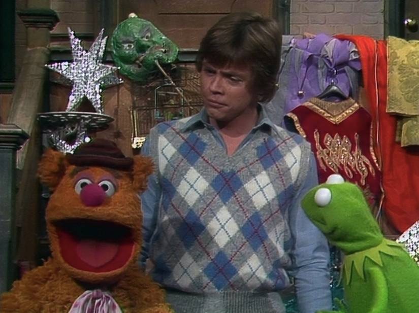 Mark Hamill with Fozzie Bear and Kermit the Frog backstage at The Muppet Show