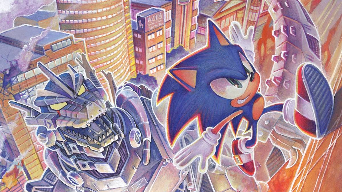 Sonic racing away from the looming threat of Mechagodzilla
