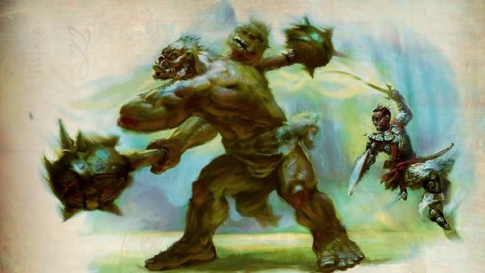 A woman wielding a shield and a glowing sword dodges blows from an ettin in art from The Book of Nine Swords.