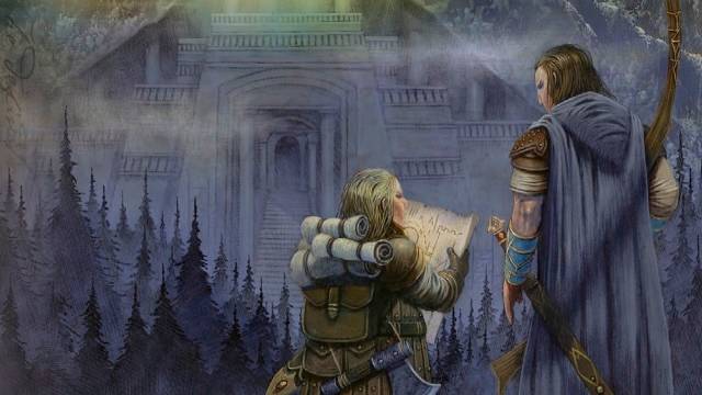 An explorer holding a map and a man with a sword stand in front of a building in a forest in art from The Book of Nine Swords.
