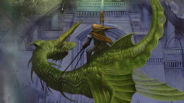 A person riding a green dragon holds up a glowing sword in front of the Temple of the Nine Swords in art from The Book of Nine Swords.