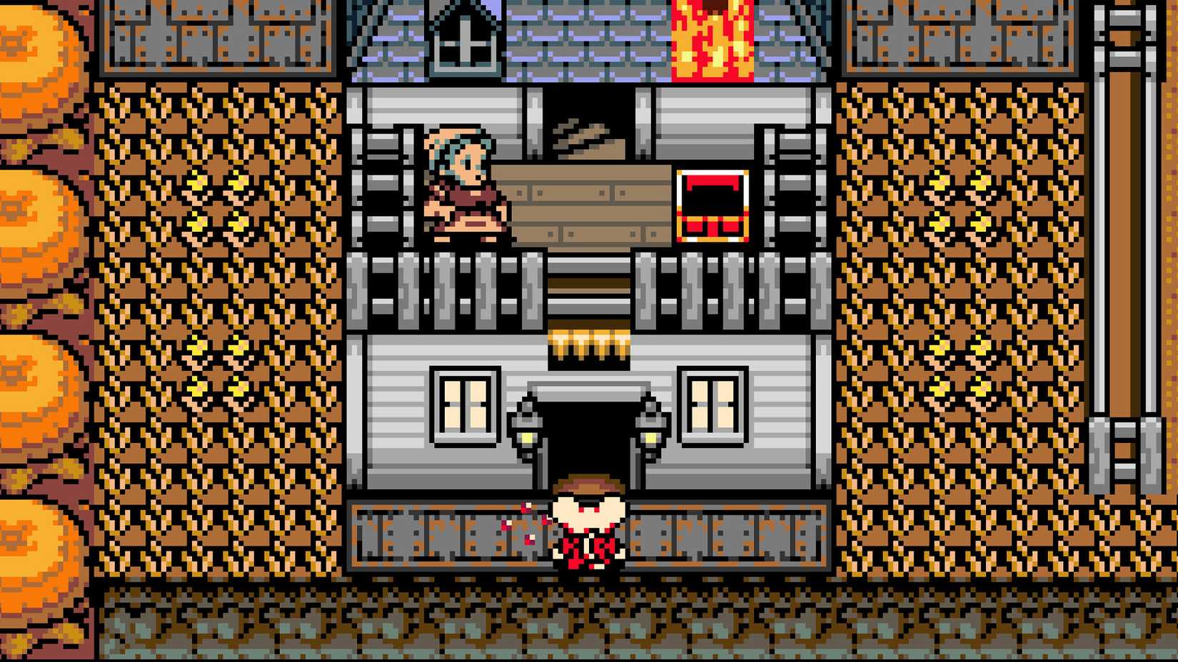 Mina the Hollower standing in front of a house on fire in Crow Town in Septemburg.