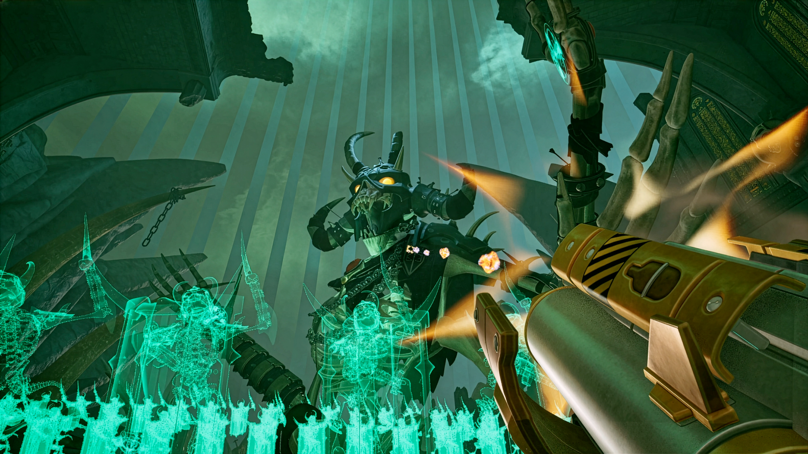 Players confronting a boss in Serious Sam: Shatterverse