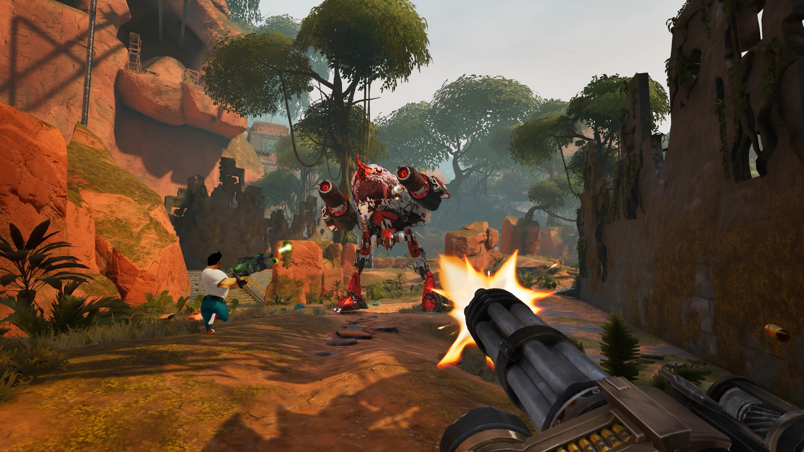 Two Sams engaging enemies in Serious Sam: Shatterverse
