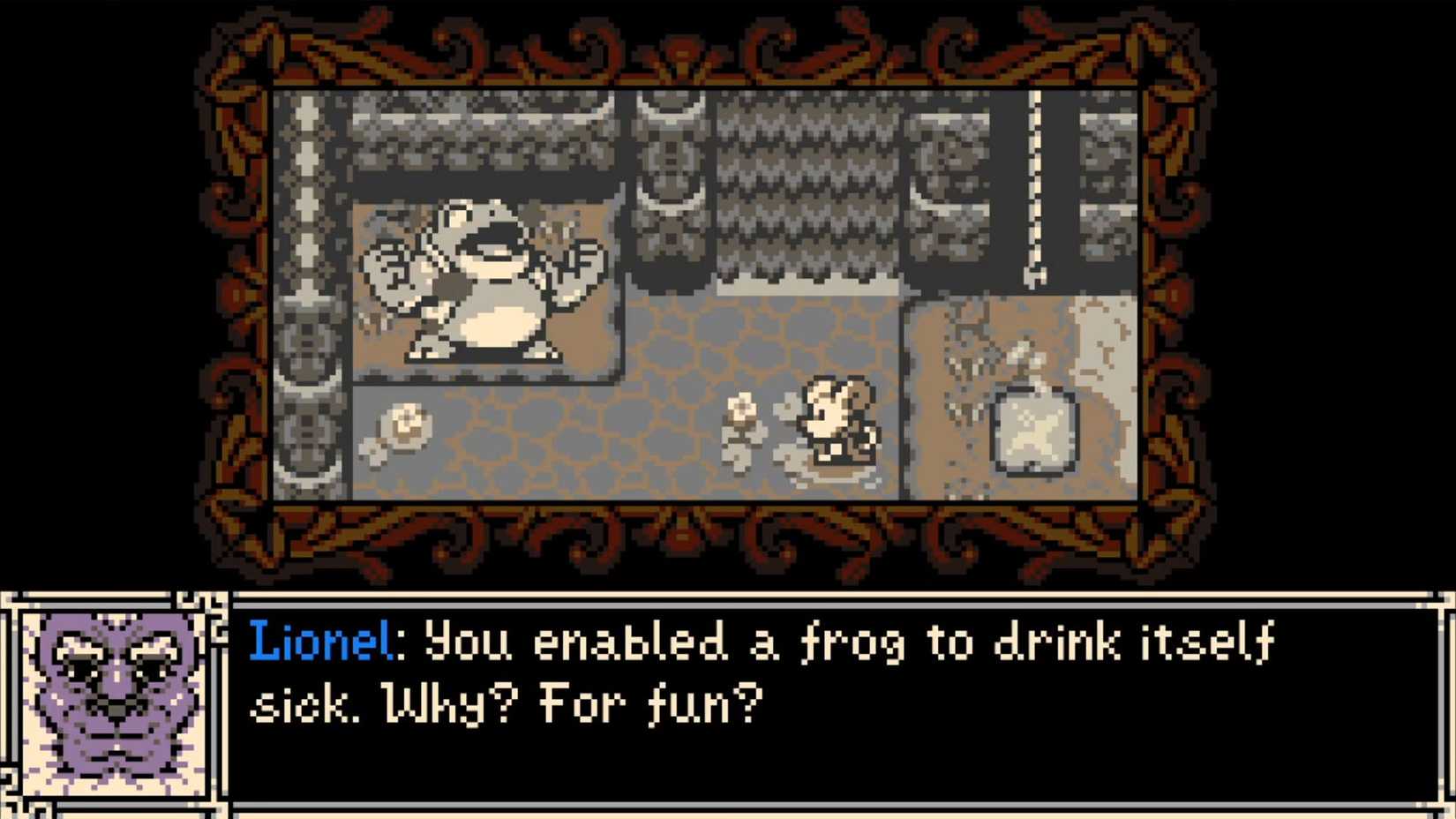 Lionel telling Mina the aftermath of them giving a frog a jug in Mina the Hollower.