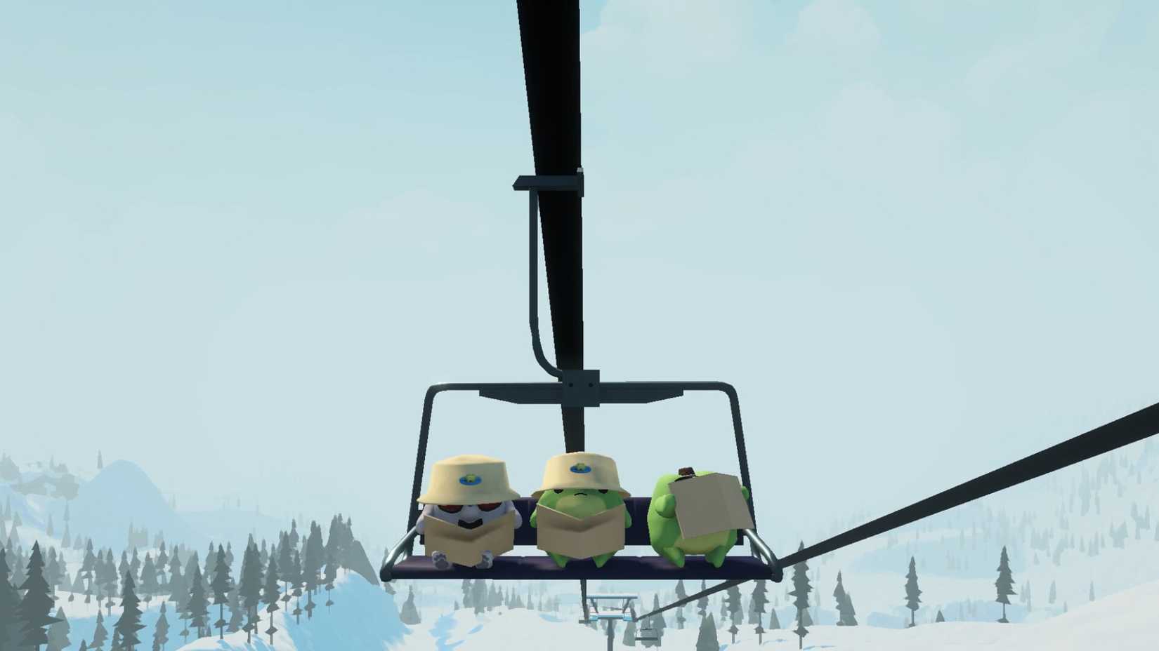 Animals ride a chairlift together in Sledding Game.