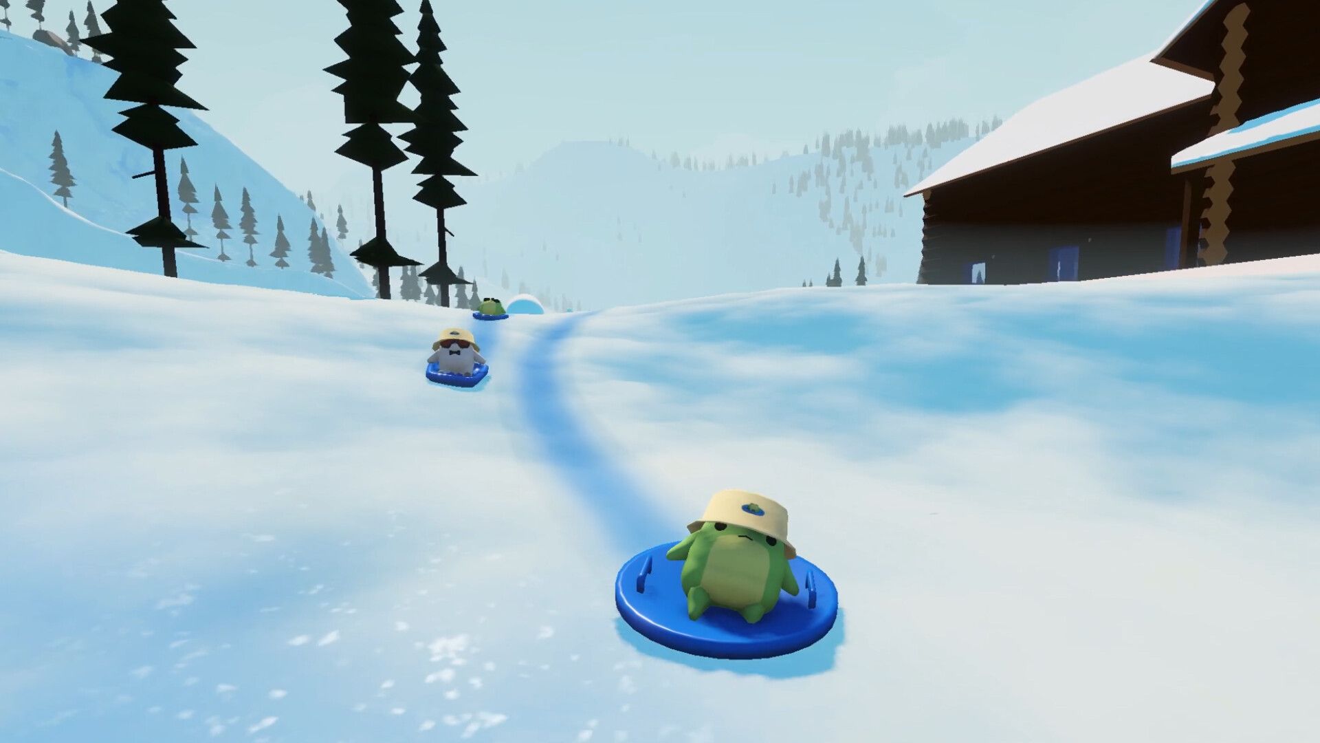 Frogs sled down a hill in Sledding Game.