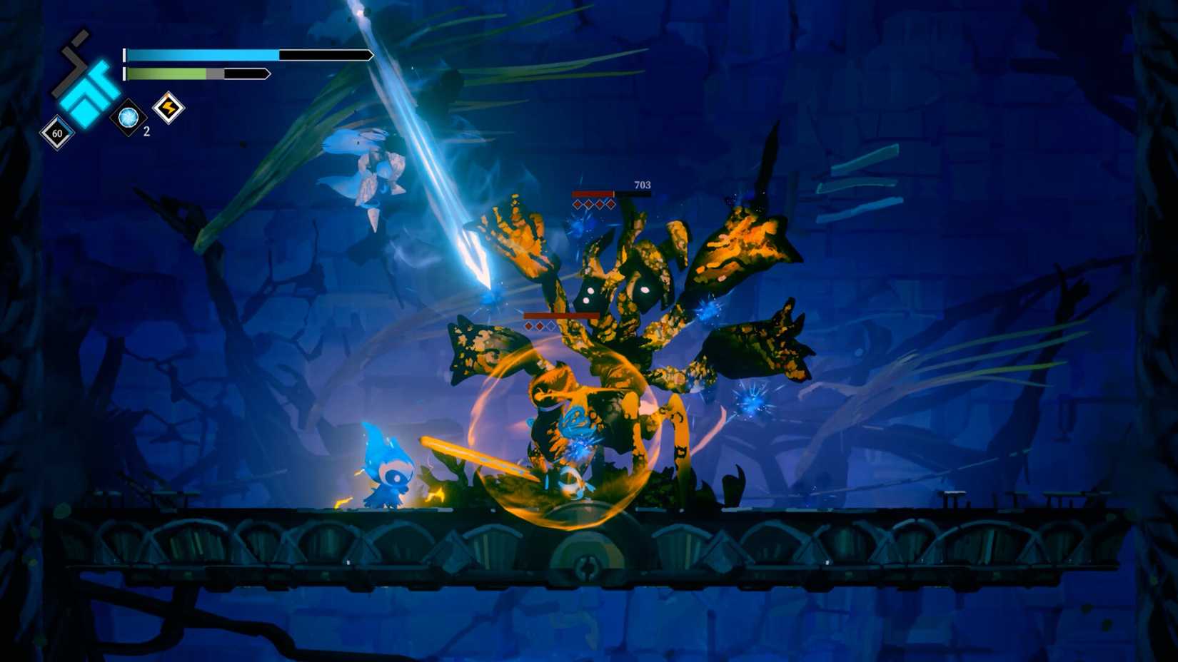 The protagonist of Solateria fighting a large tree-like monster