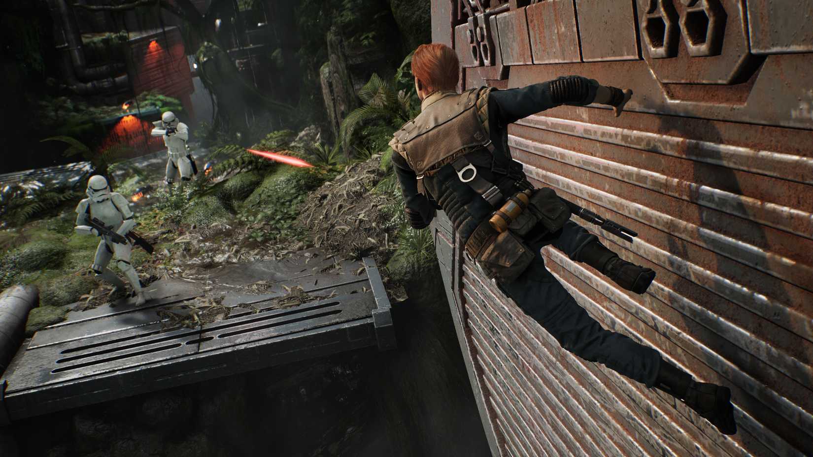 Cal Kestis runs along a wall in Star Wars Jedi Fallen Order