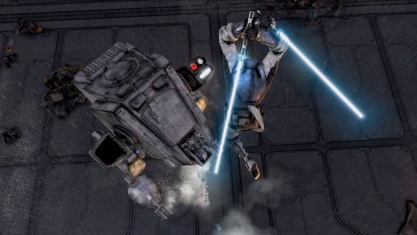 Star Wars The Force Unleashed 2 steam screen showing Starkiller about to strike a vehicle