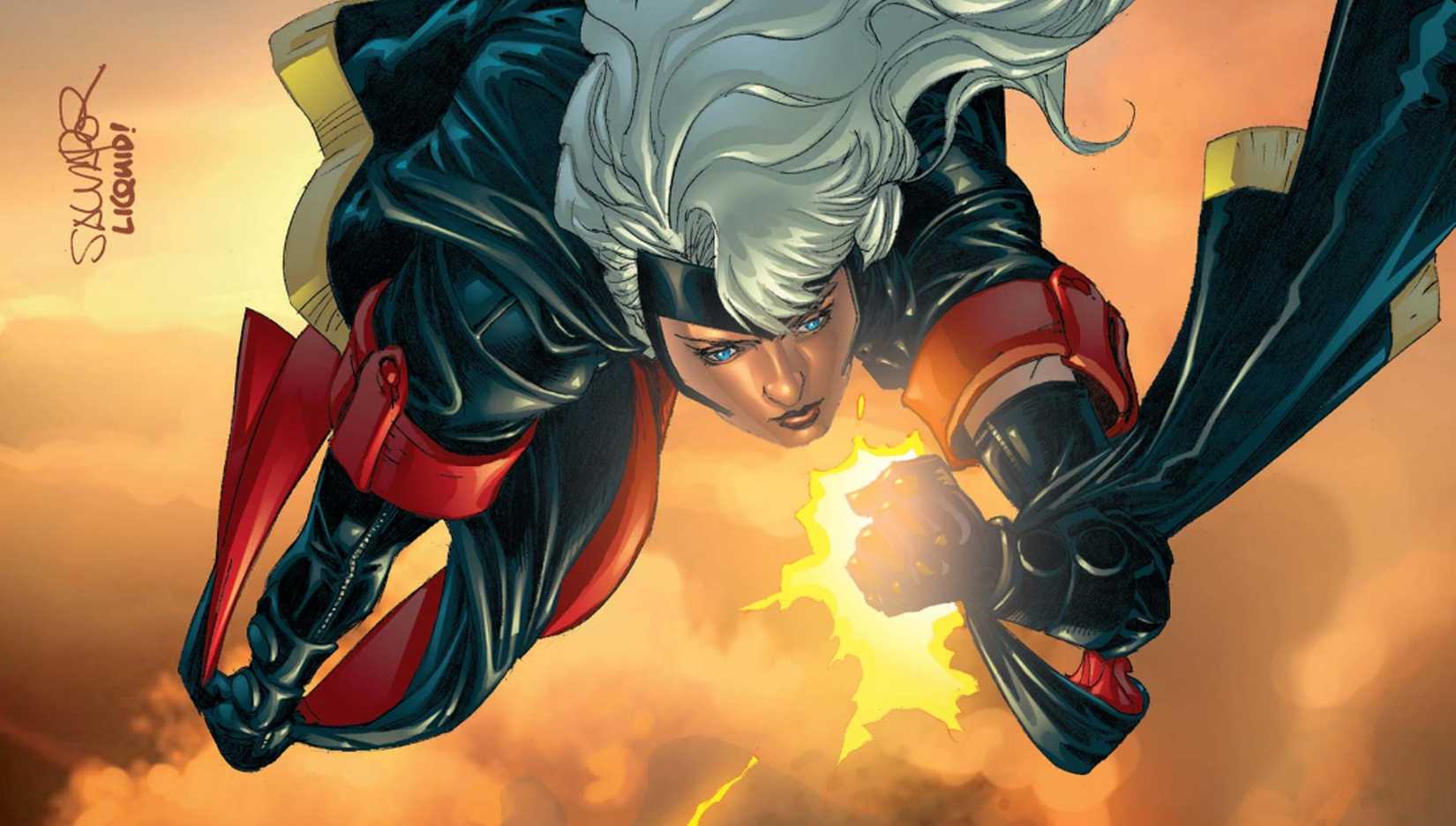 X-Treme X-Men 1, Storm flying through the air upside down as lightning crackles through the sky