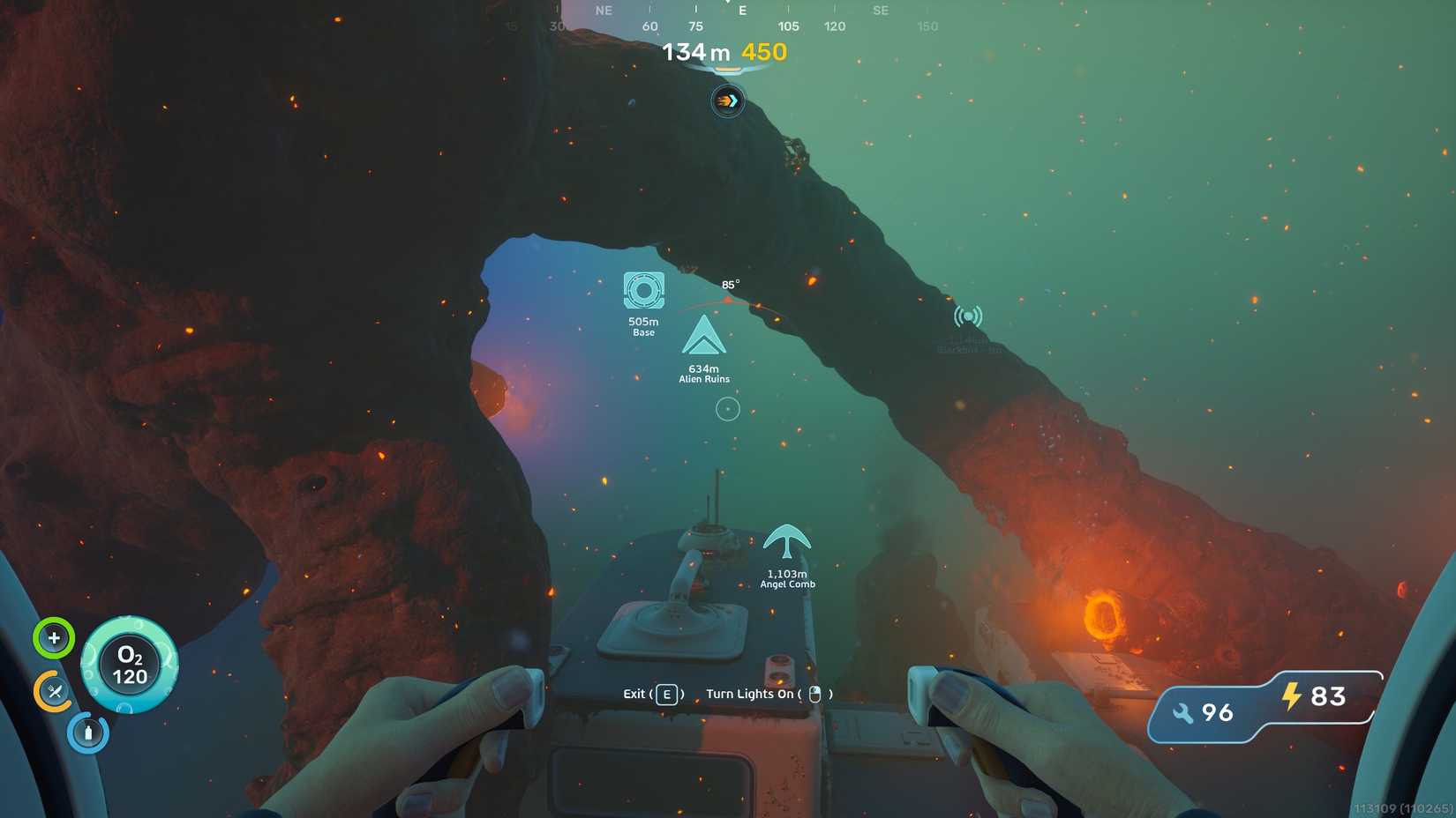 A player in a tadpole in Subnautica 2, looking out from the Tadpole Pens toward the Alien Ruins