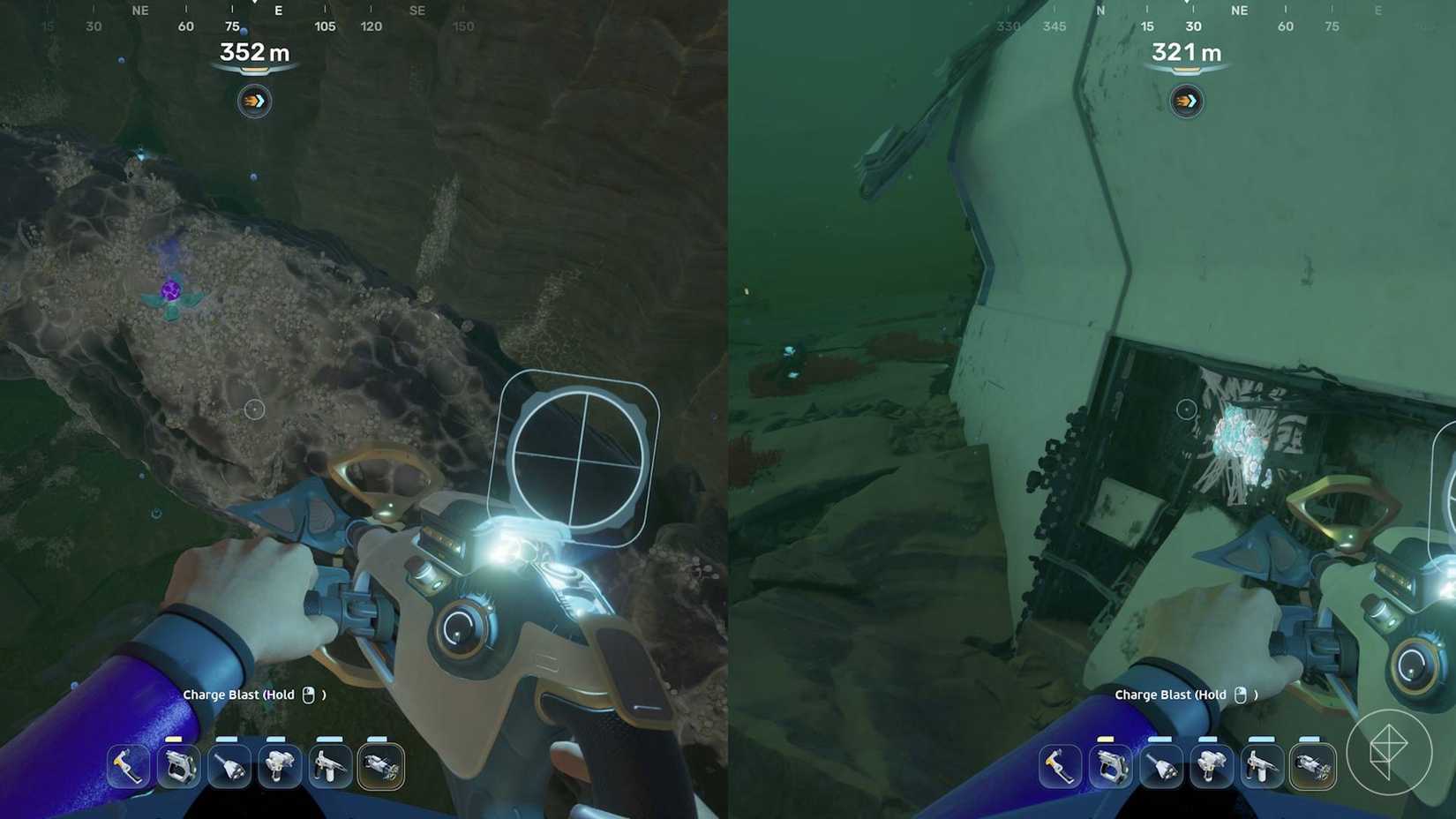 The entrance to the Cicada wreckage blocking a juvenile Angel Comb in Subnautica 2