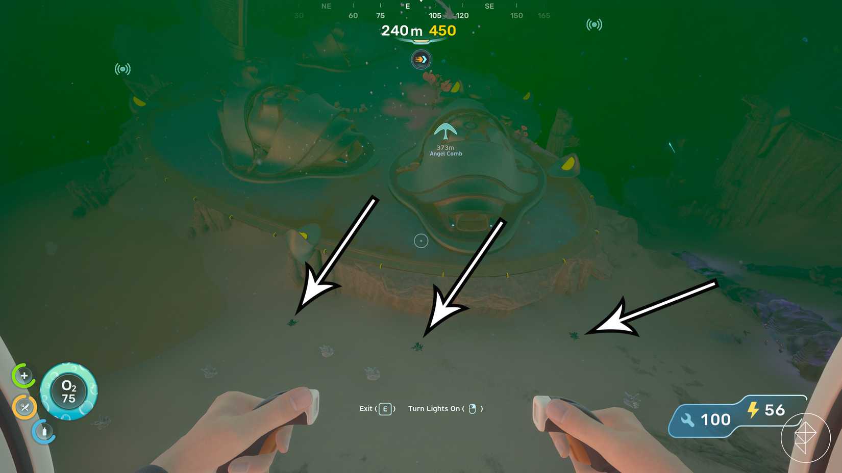 Arrows point to atacamite deposits in Subnautica 2.