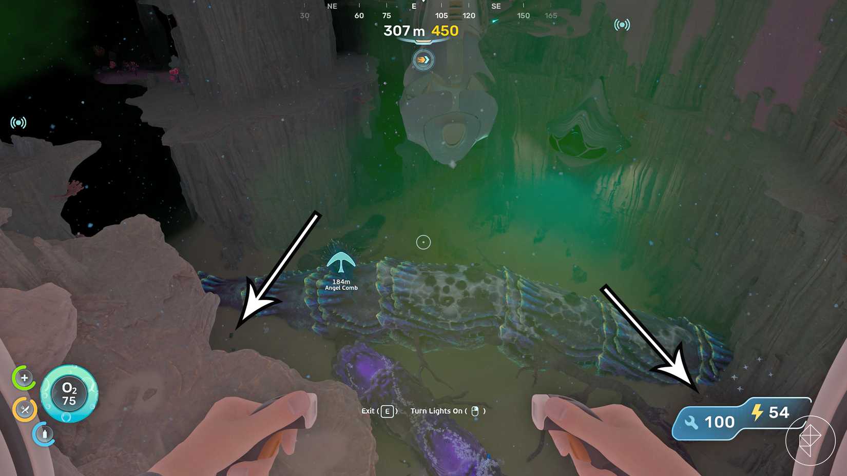 Las flechas apuntan a lugares de cultivo de atacamita en Subnautica 2.