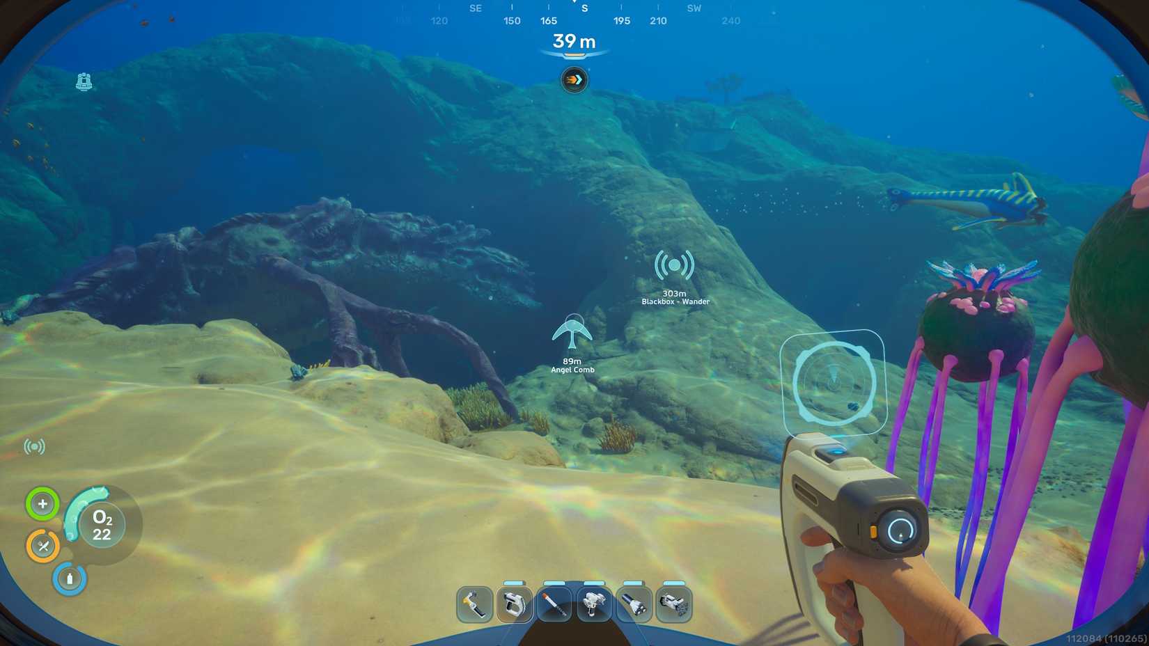 A pioneer in Subnautica 2 marking a location in reference to other signals in place of a map