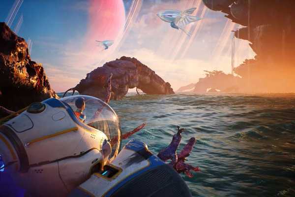A pioneer in a tadpole watching the sunset in Subnautica 2
